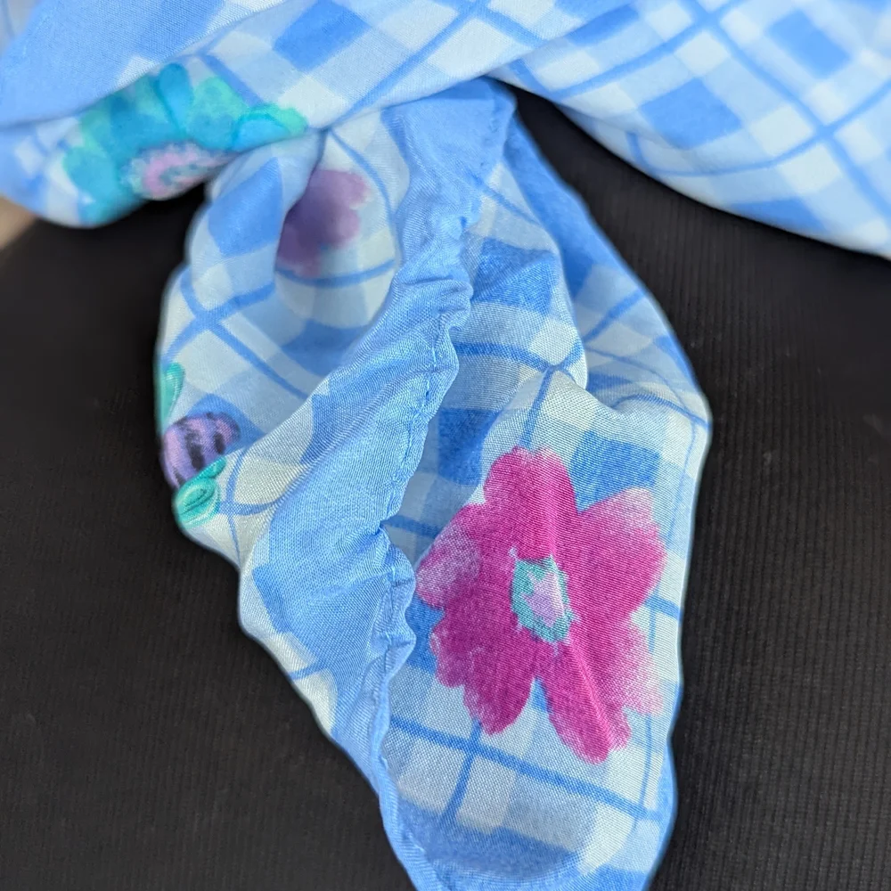 Vintage 80s Elaine Gold Silk Floral Blue Checkered Scarf Cottagecore Boho